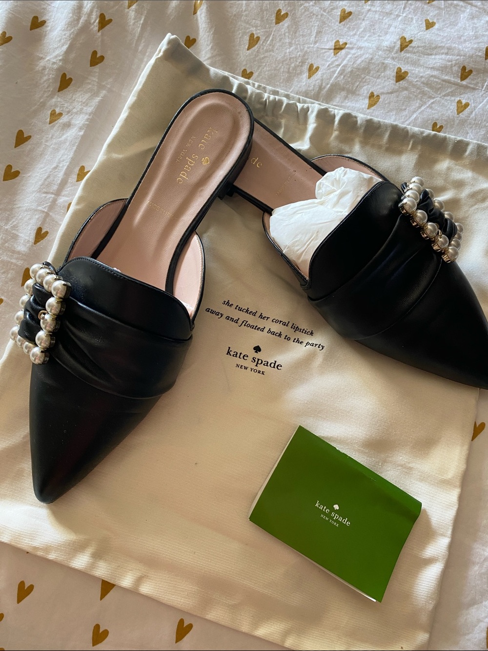 Kate Spade Black Pearl-Accented Leather Pointed Mules! Size 10